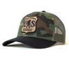 Camouflage cap with a patch labeled 'Forest Service Sasquatch Department' on a white background