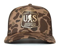 SASQUATCH 5-Panel Curved Camo Hat, Richardson 112 Brown