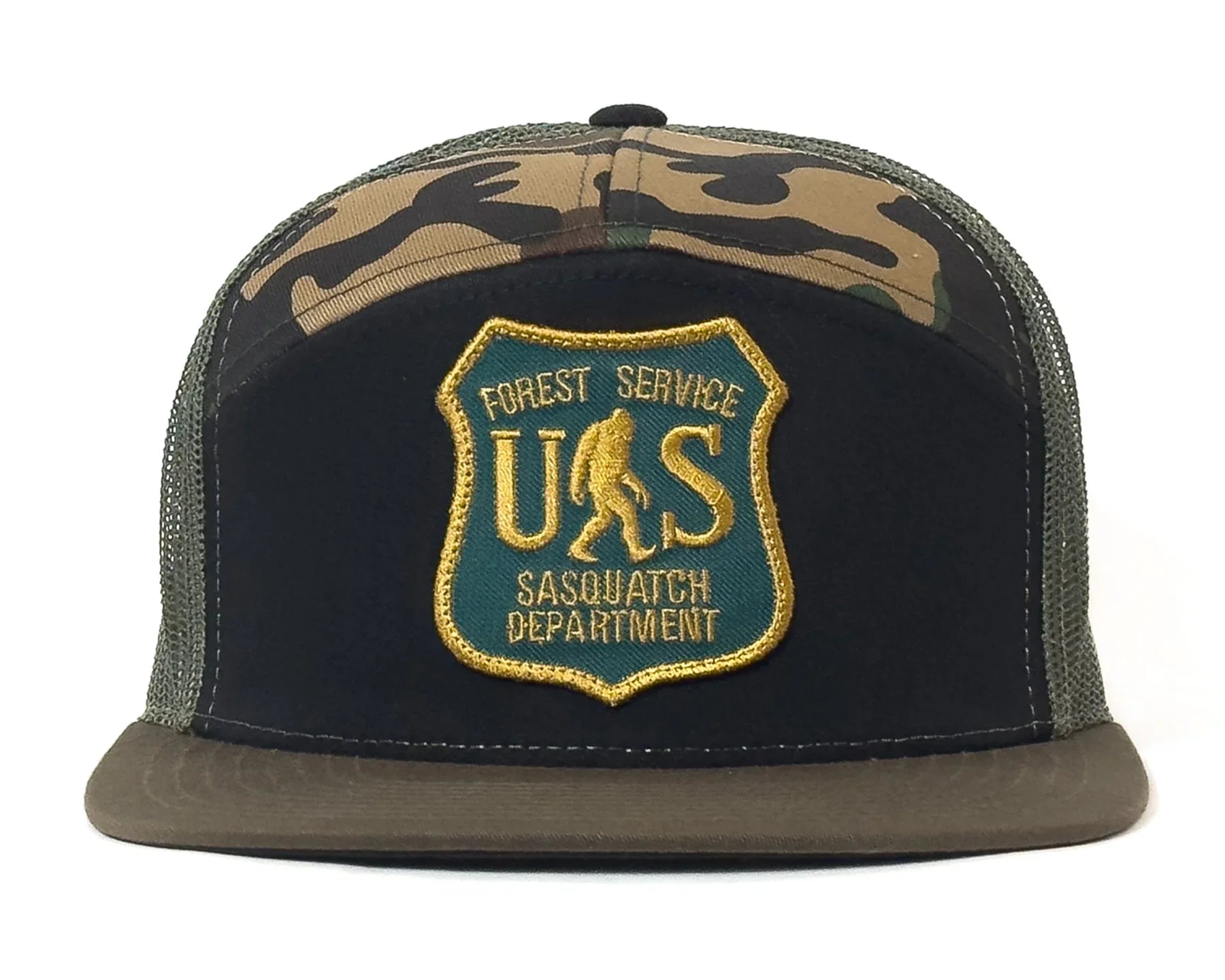 SASQUATCH 7-Panel Flat Bill Camo Snapback, Richardson 168 Black