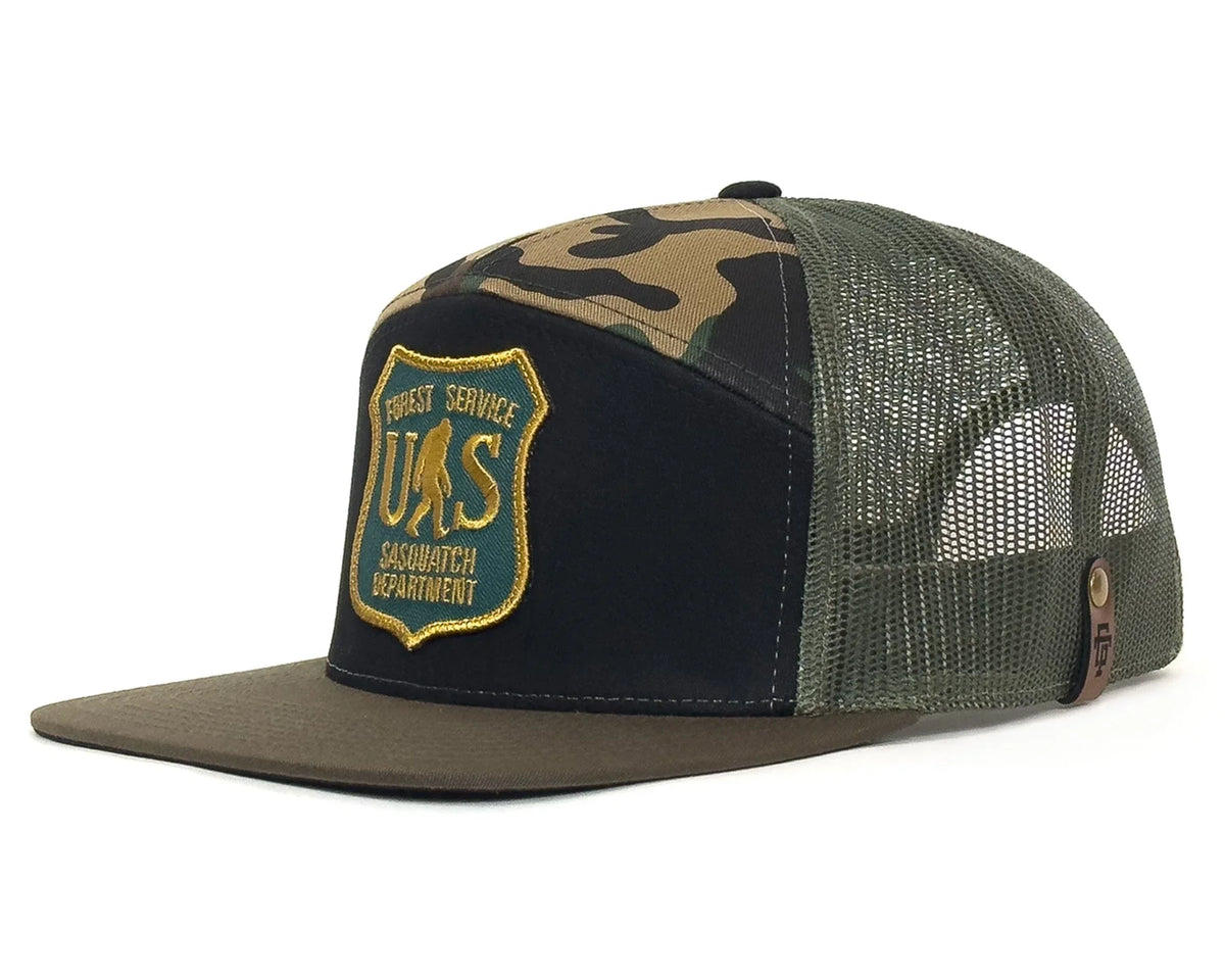 Camouflage and black cap with a logo on a white background