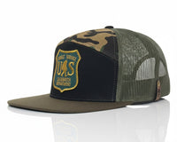 Camouflage and black cap with a logo on a white background