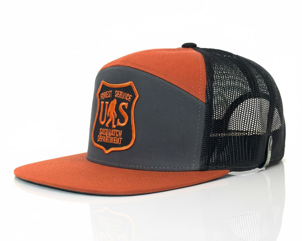 Orange and gray cap with a logo on a white background