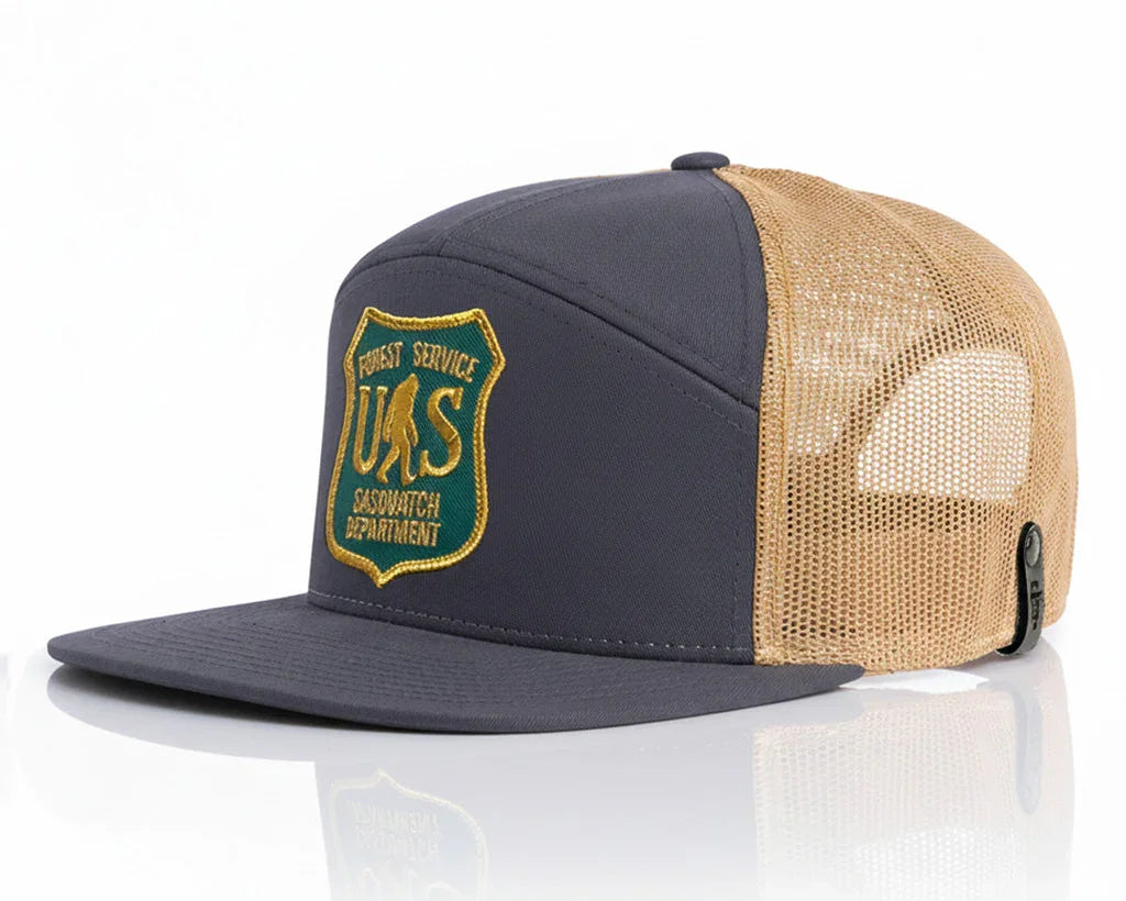 Gray and beige cap with a logo on a white background