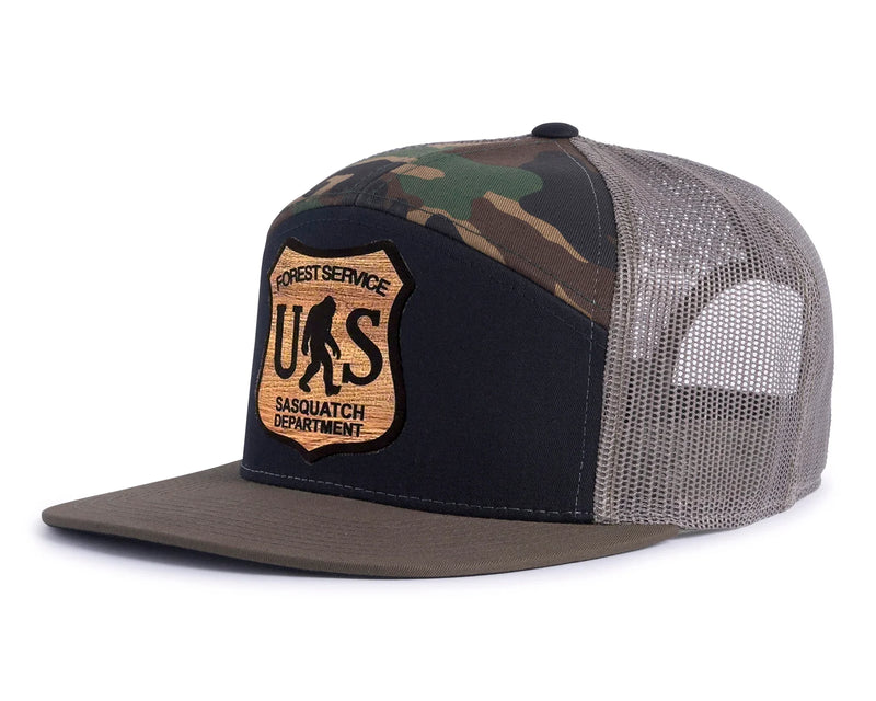 SASQUATCH WOOD 7-Panel Flat Bill Camo Hat, Richardson 168 Black