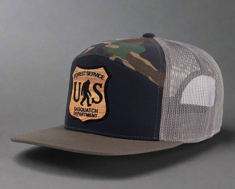 SASQUATCH WOOD 7-Panel Flat Bill Camo Hat, Richardson 168 Black