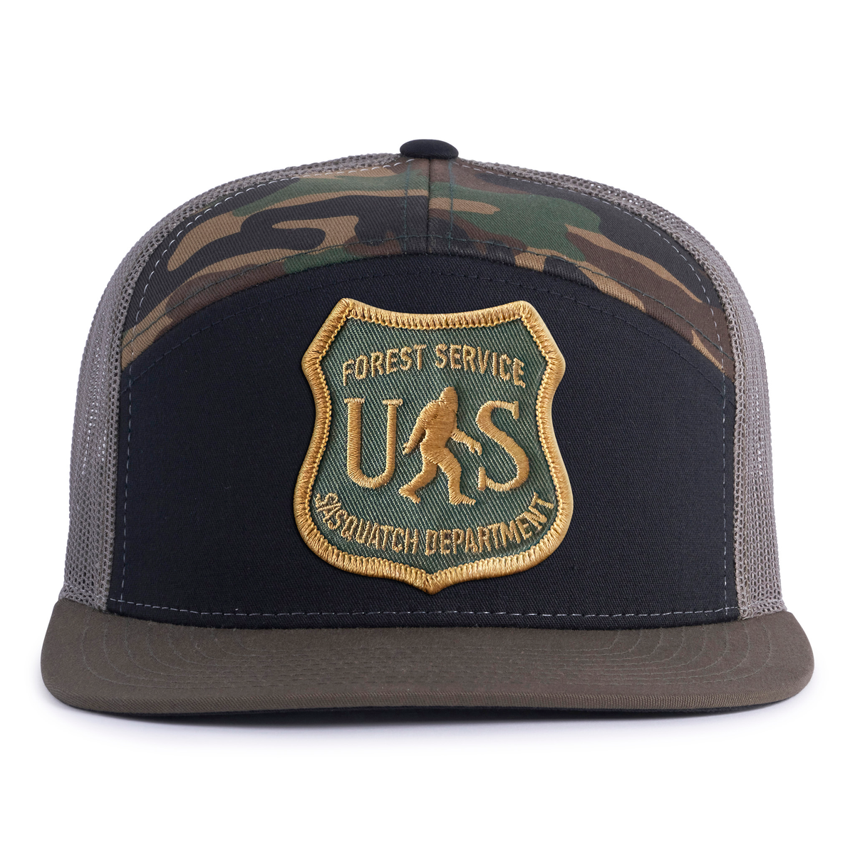 SASQUATCH 7-Panel Flat Bill Camo Snapback, Richardson 168 Black