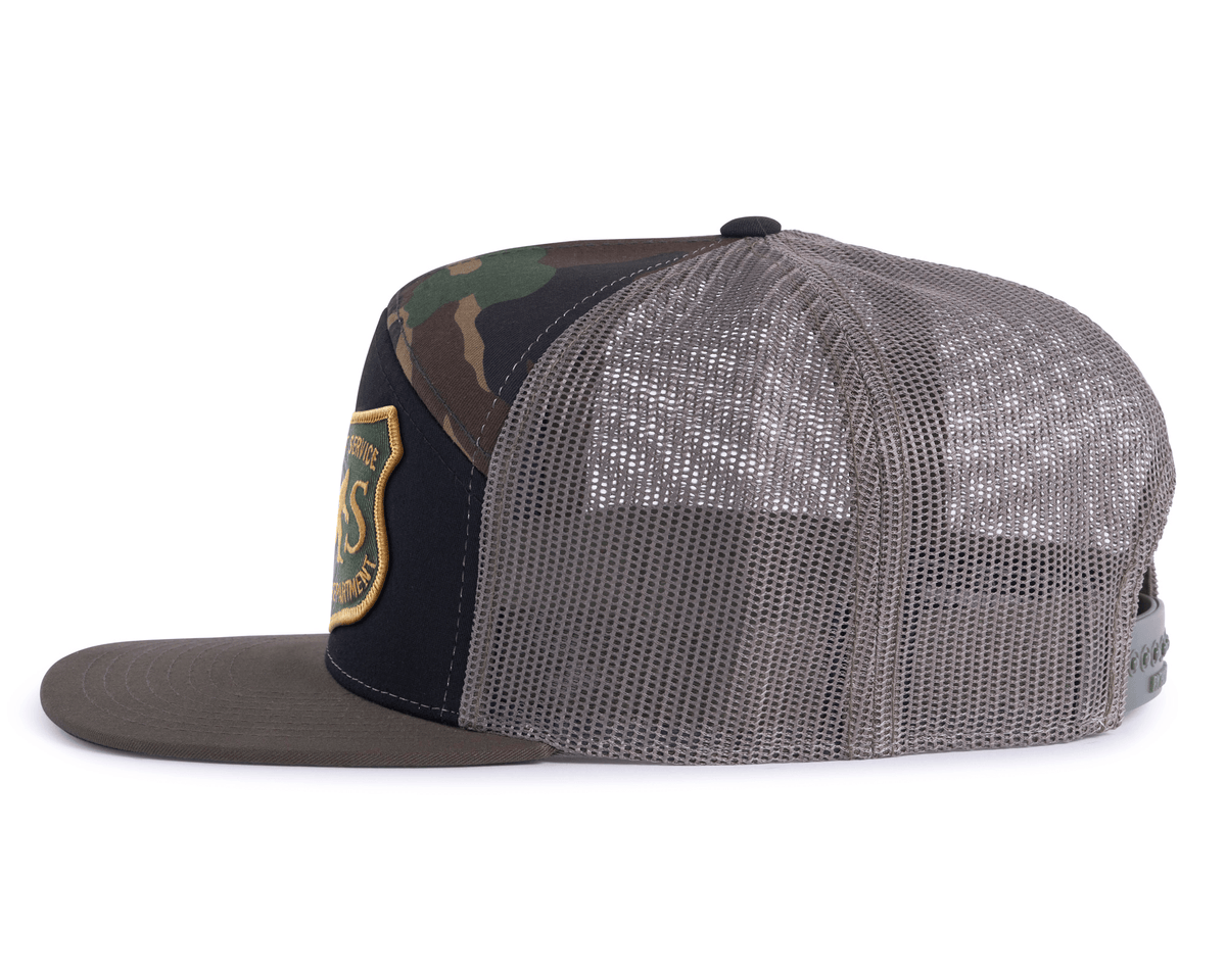 SASQUATCH 7-Panel Flat Bill Camo Snapback, Richardson 168 Black