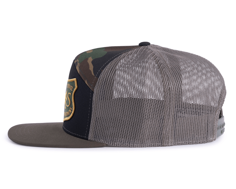 SASQUATCH 7-Panel Flat Bill Camo Snapback, Richardson 168 Black