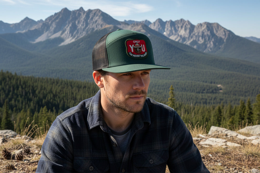 Man wearing a cap with a mountainous landscape in the background