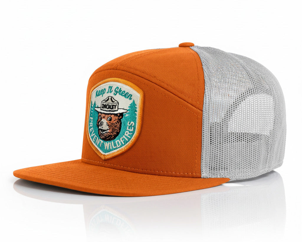 Orange and gray cap with a patch on a white background