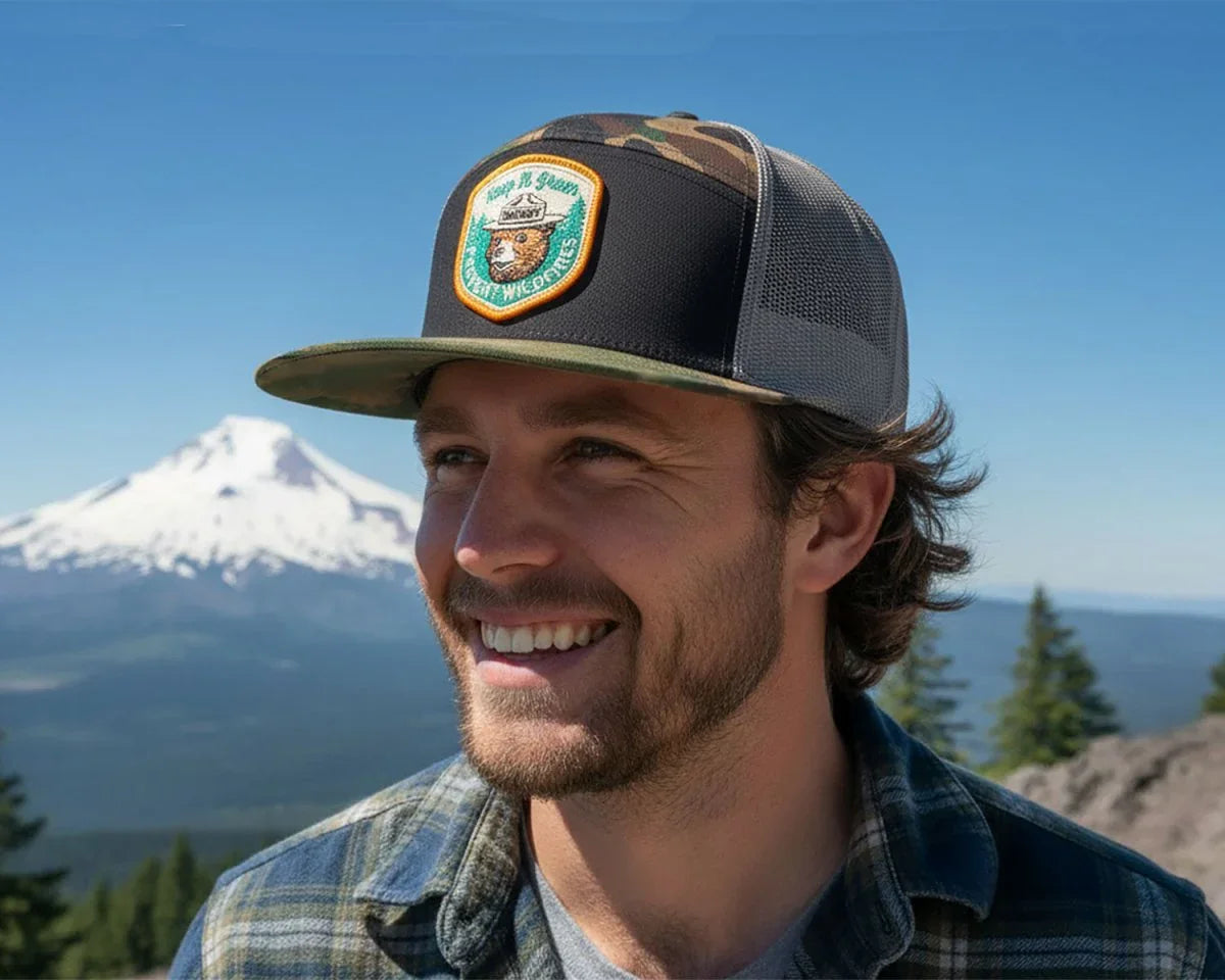 SMOKEY BEAR 7 - Panel Flat Camo Hat, Richardson 168 Black - Tailgate Hats