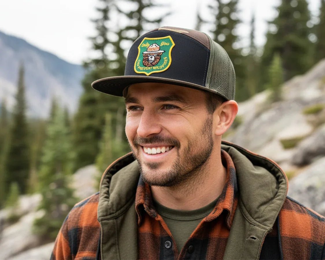 SMOKEY BEAR 7 - Panel Flat Camo Hat, Richardson 168 Black - Tailgate Hats
