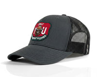 A dark gray trucker hat with a curved brim, black mesh back, and a red, green, and white embroidered patch on the front that reads 'Only You Bring Wildfires'.