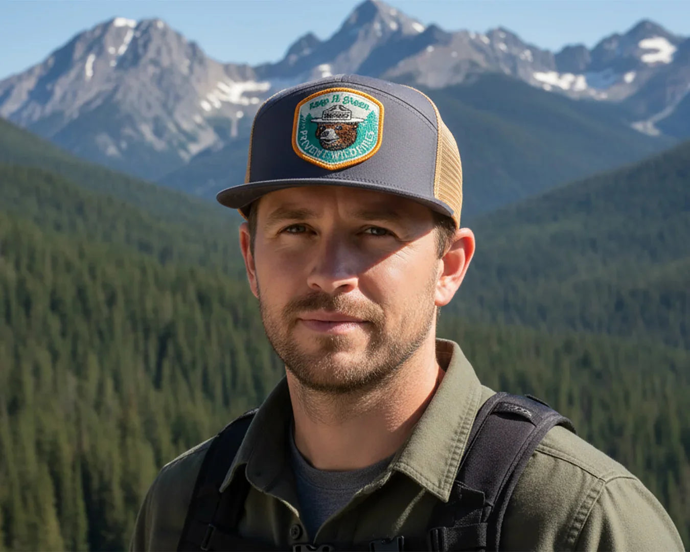 SMOKEY BEAR 7-Panel Flat Snapback, Richardson 168 Grey Gold