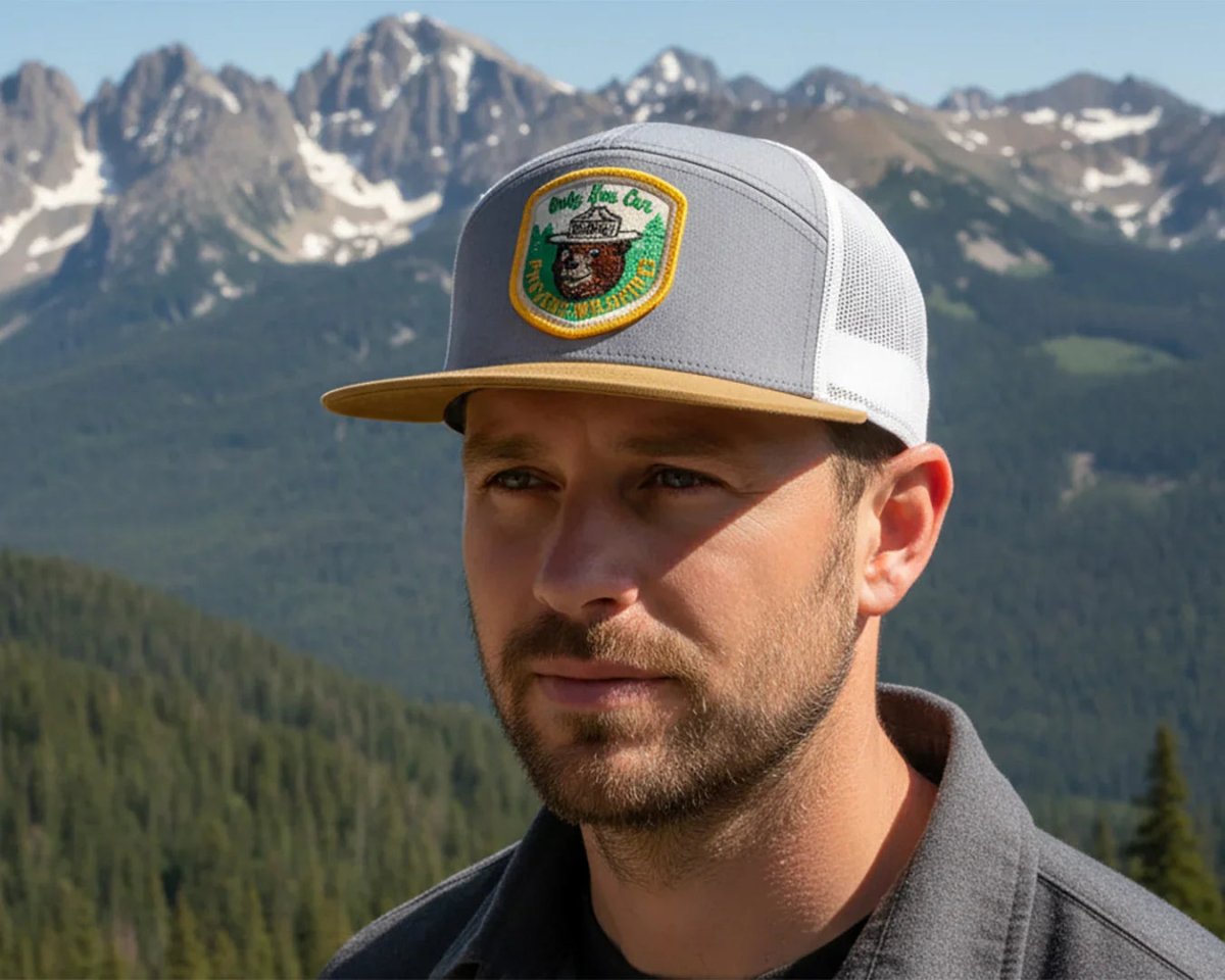 SMOKEY BEAR 7 - Panel Flat Snapback, Richardson 168 Gold - Tailgate Hats