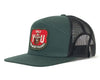 Green trucker hat with a red and black patch on a white background