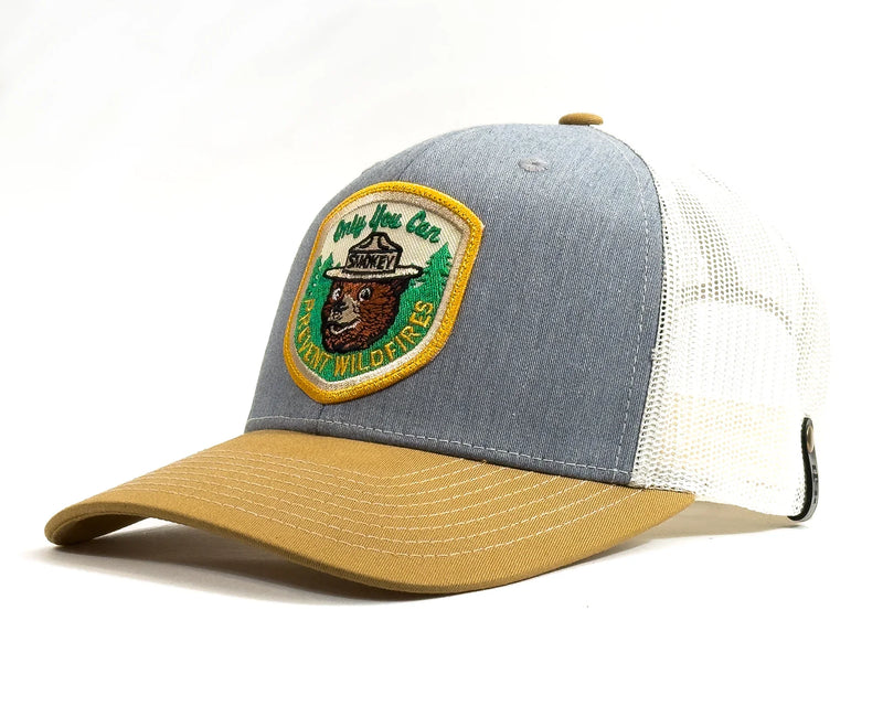 SMOKEY BEAR 6-Panel Curved Snapback, Richardson 112 Grey Gold