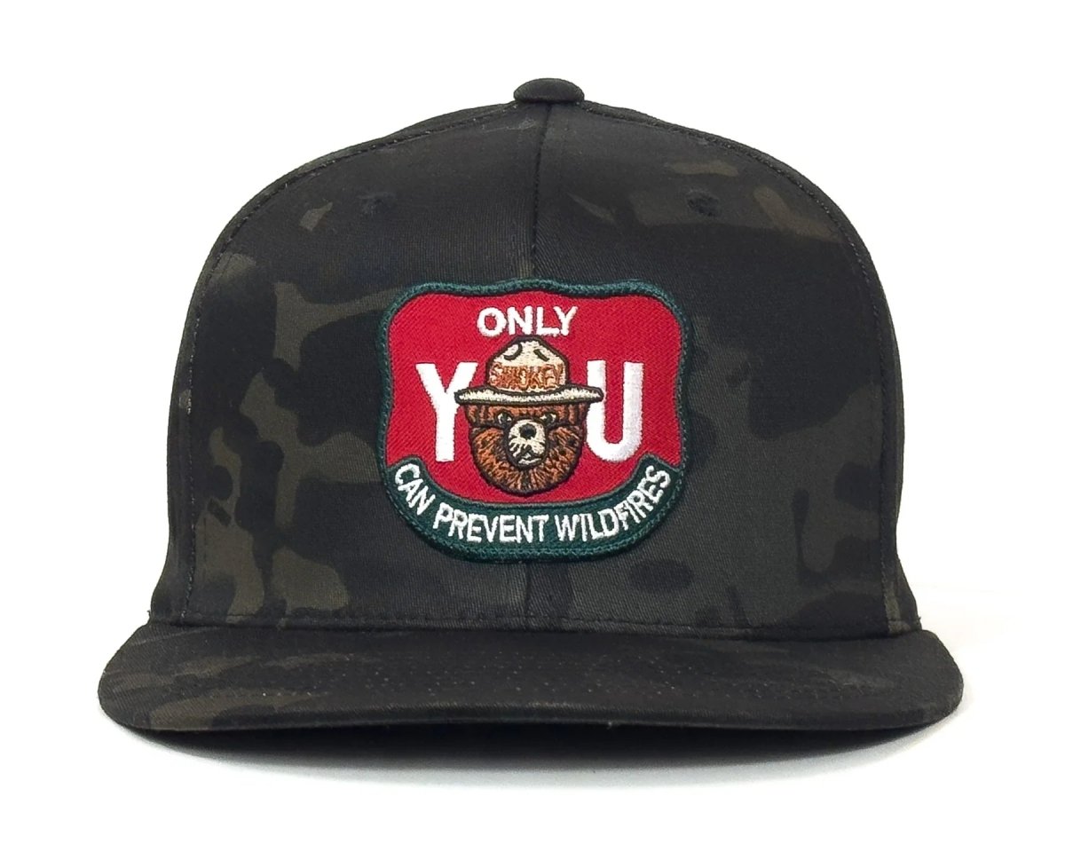 SMOKEY BEAR 6 - Panel Flat Camo Hat Black - Tailgate Hats