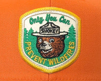 Smokey Bear patch on an orange background