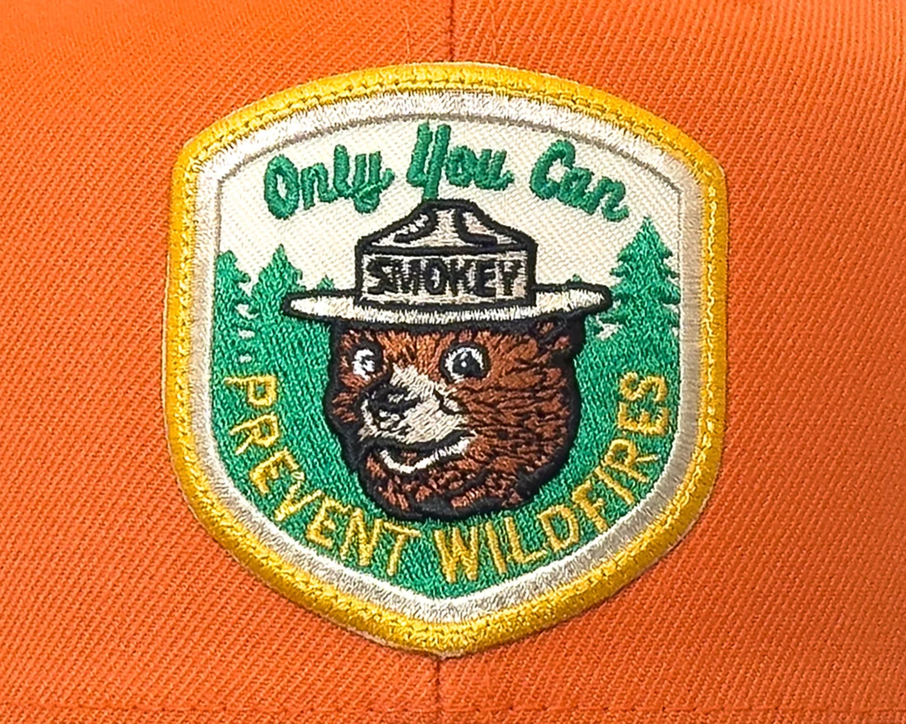 Smokey Bear patch on an orange background