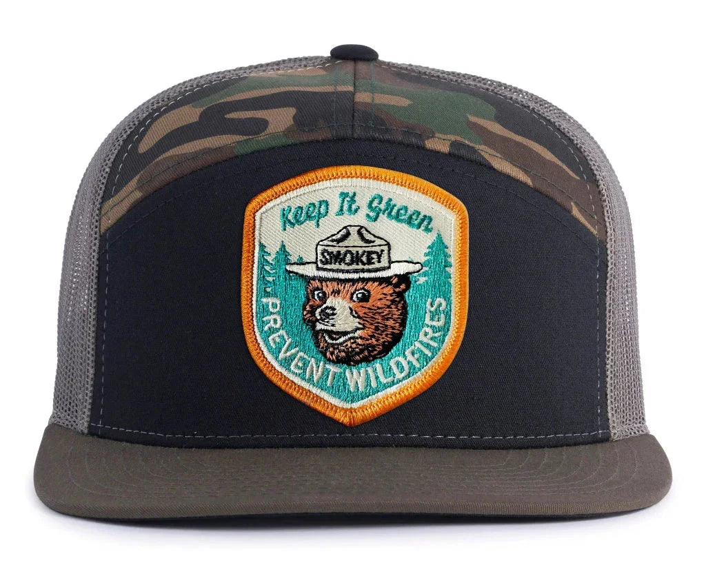 SMOKEY BEAR 7-Panel Flat Camo Hat, Richardson 168 Black