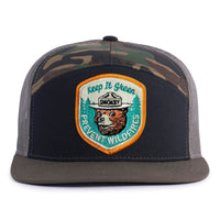 SMOKEY BEAR 7-Panel Flat Camo Hat, Richardson 168 Black