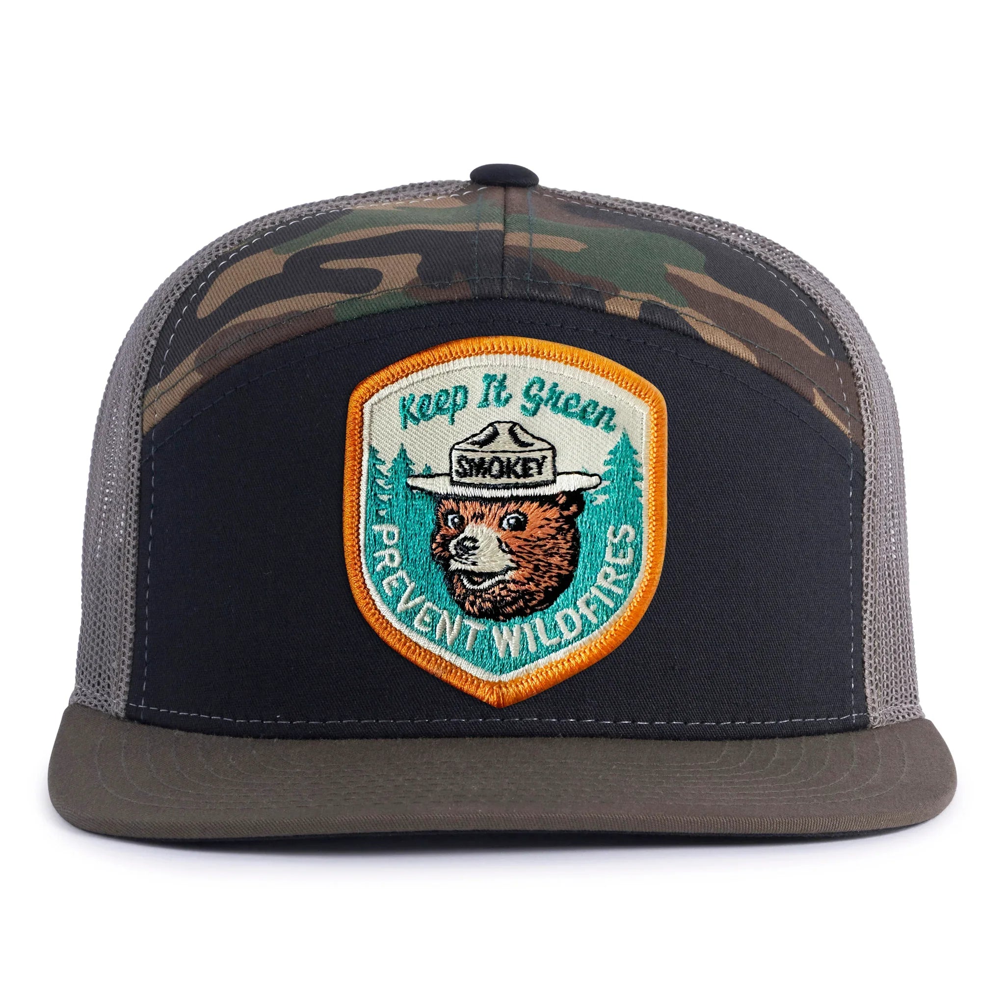 SMOKEY BEAR 7-Panel Flat Camo Hat, Richardson 168 Black