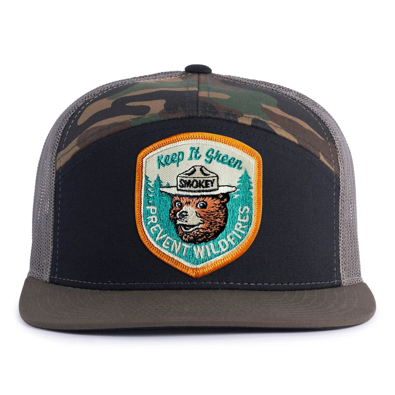 SMOKEY BEAR 7-Panel Flat Camo Hat, Richardson 168 Black