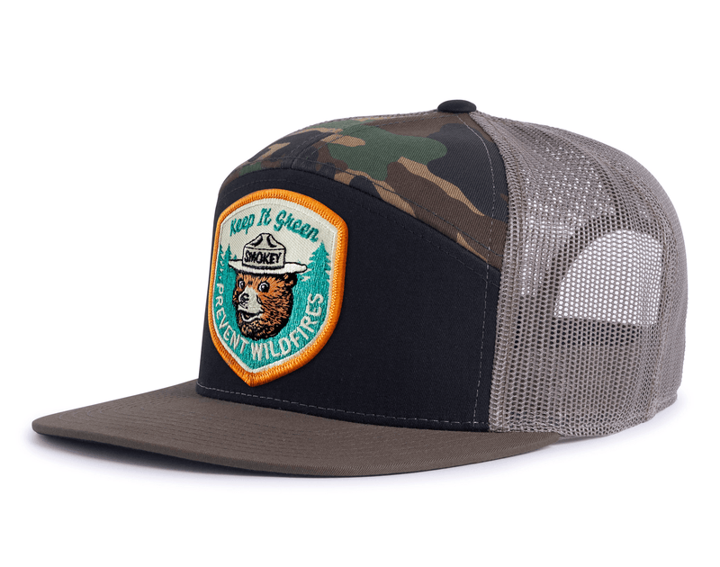 SMOKEY BEAR 7-Panel Flat Camo Hat, Richardson 168 Black