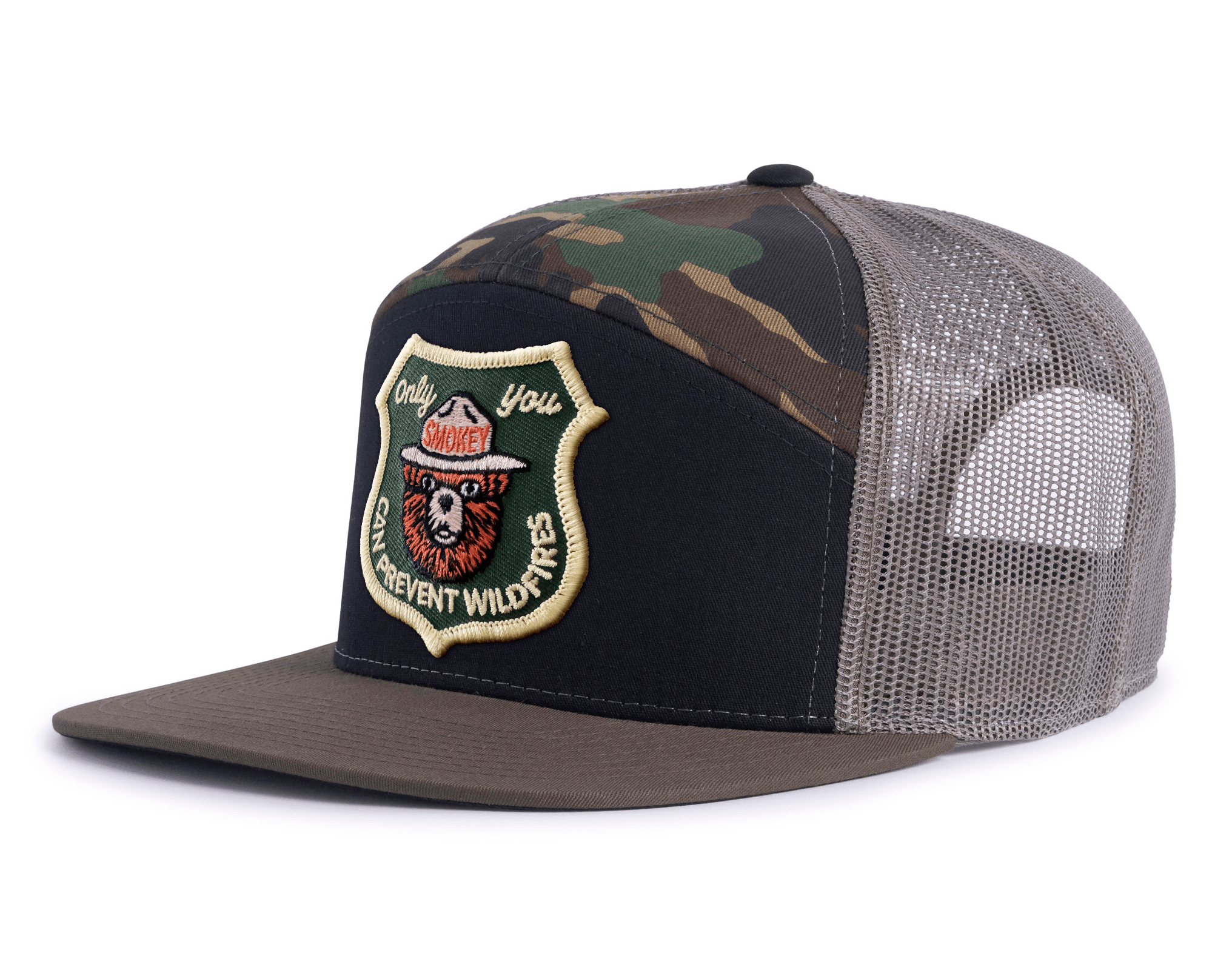 SMOKEY BEAR 7-Panel Flat Camo Hat, Richardson 168 Black