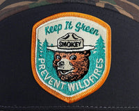 SMOKEY BEAR 7-Panel Flat Camo Hat, Richardson 168 Black