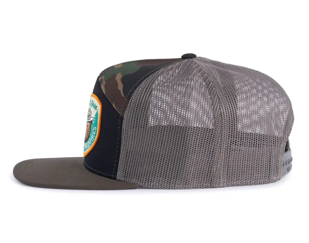 SMOKEY BEAR 7-Panel Flat Camo Hat, Richardson 168 Black