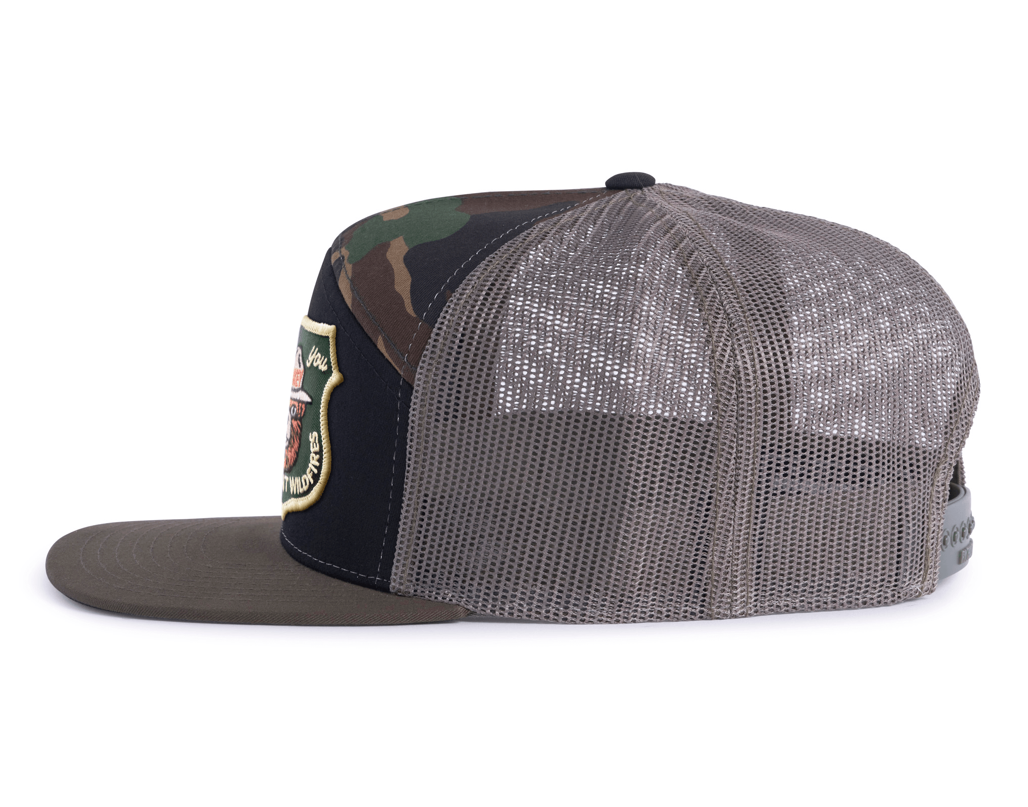 SMOKEY BEAR 7-Panel Flat Camo Hat, Richardson 168 Black