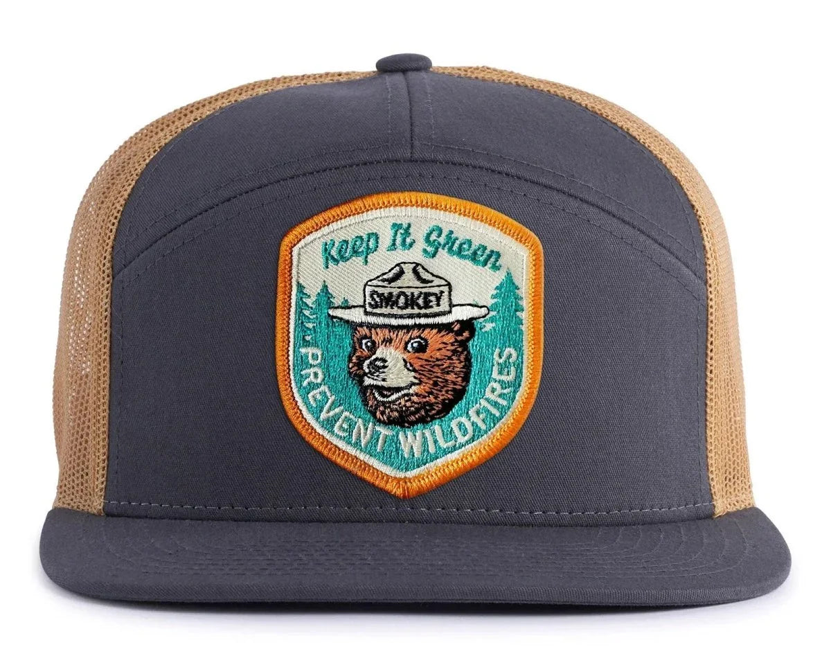 SMOKEY BEAR 7 - Panel Flat Snapback, Richardson 168 Grey Gold - Tailgate Hats