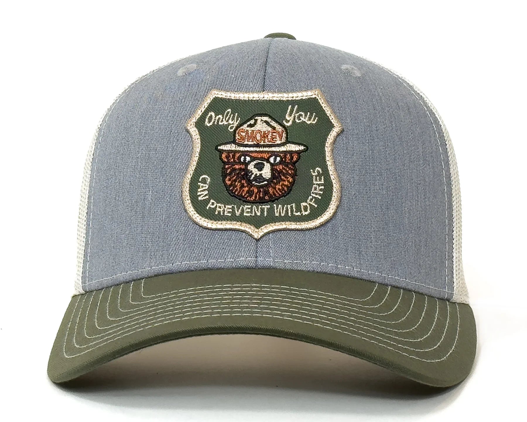 Gray and green cap with Smokey Bear patch on a white background