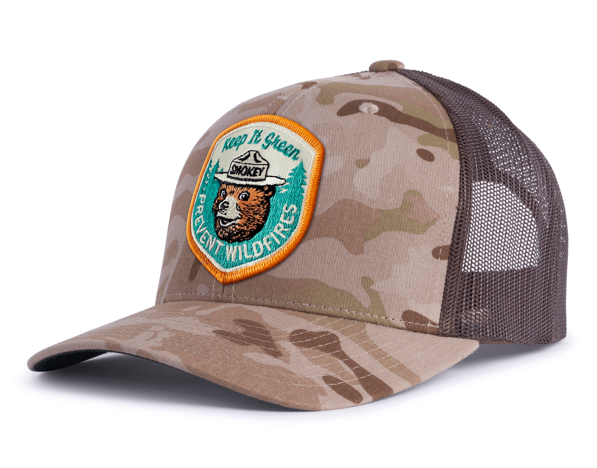 SMOKEY BEAR 6-Panel Curved Camo Hat Beige – Tailgate Hats