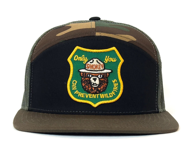 SMOKEY BEAR 7-Panel Flat Camo Hat, Richardson 168 Black