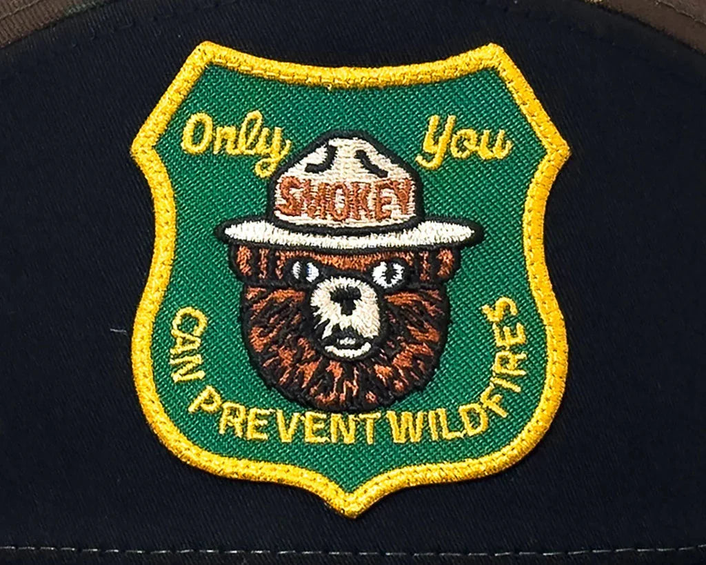 SMOKEY BEAR 7-Panel Flat Camo Hat, Richardson 168 Black