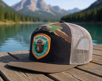 SMOKEY BEAR 7-Panel Flat Camo Hat, Richardson 168 Black