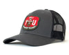 Gray trucker cap with a red and green patch on a white background