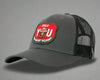 Gray trucker cap with a red and green patch on a gray background