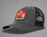 Gray trucker cap with a red and green patch on a gray background