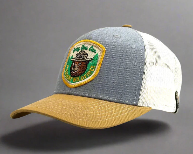 SMOKEY BEAR 6-Panel Curved Snapback, Richardson 112 Grey Gold