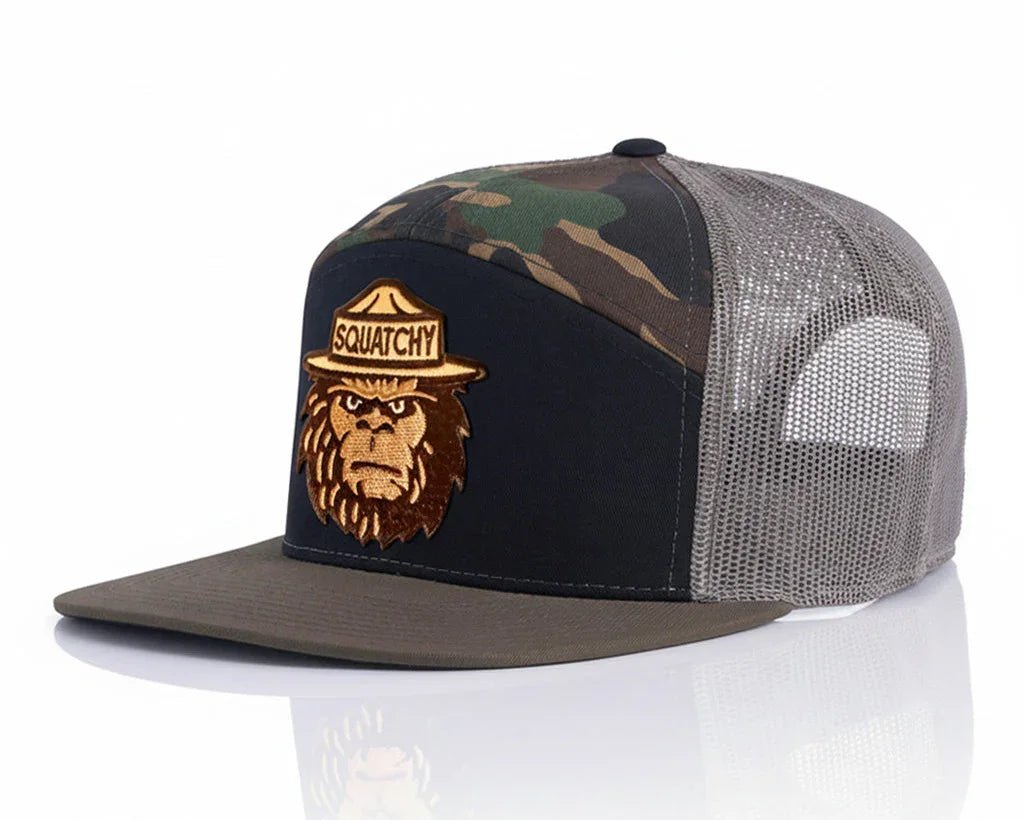 SQUATCHY 7 - Panel Flat Bill Camo Hat, Richardson 168 Black - Tailgate Hats