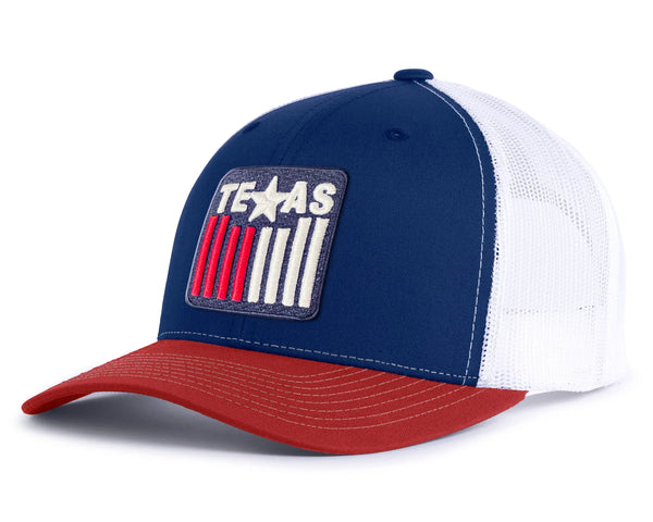 Texas badge trucker hat with navy front, white mesh back, and red bill
