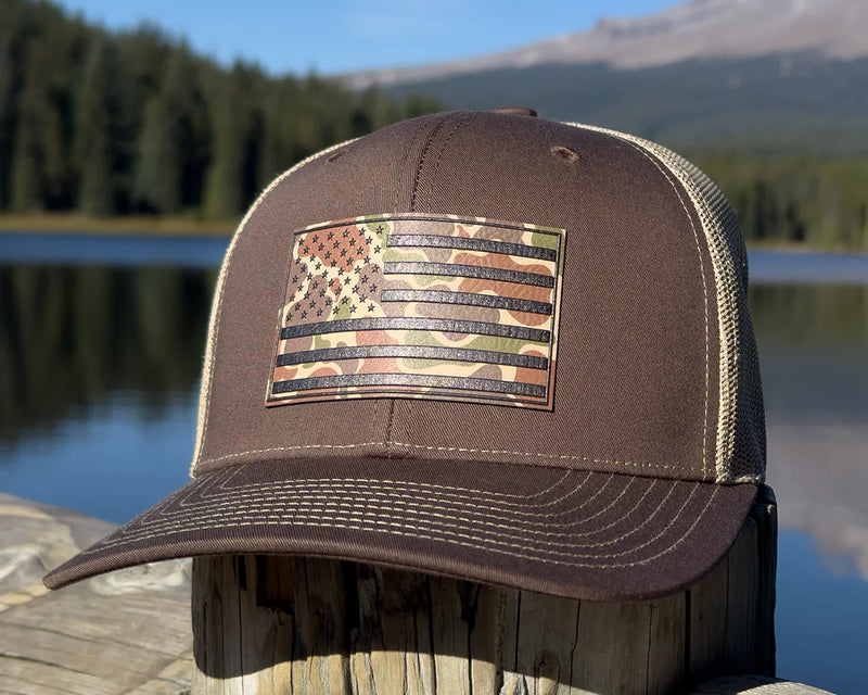 PVC Camo Flag 6-Panel Curved Cap, Richardson 112 Brown