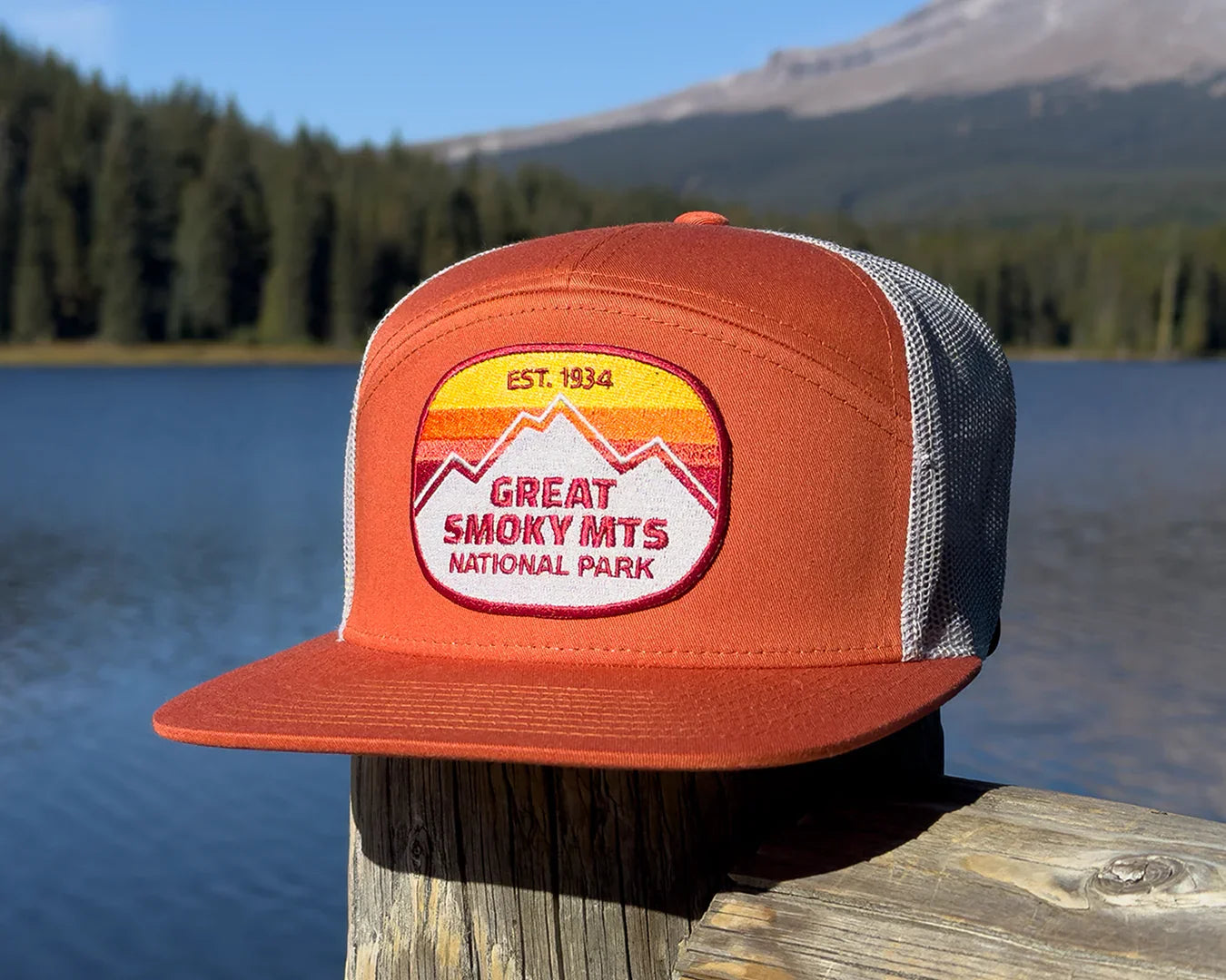 GREAT SMOKY MTS 7-Panel Flat Bill Trucker, Richardson 168 Orange