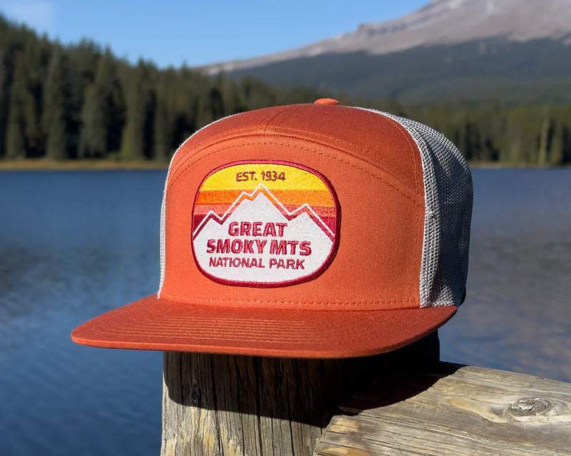 GREAT SMOKY MTS 7-Panel Flat Bill Trucker, Richardson 168 Orange