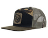 Camouflage and black cap with mesh back on a white background
