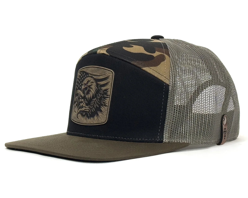 Camouflage and black cap with mesh back on a white background